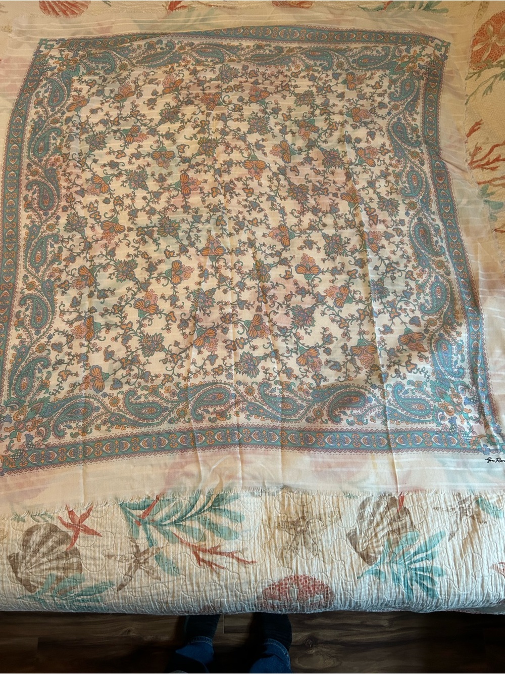 Vintage Jim Renoir Scarf in Paisley Teal and Cream